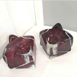 Slag Art Glass Candle Stick Holders Pair Multi Taper Czechoslovakia Abstract